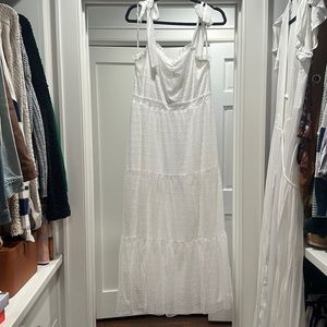 Lulus Just Your Darling white Tie-Strap Swiss Dot Midi Dress